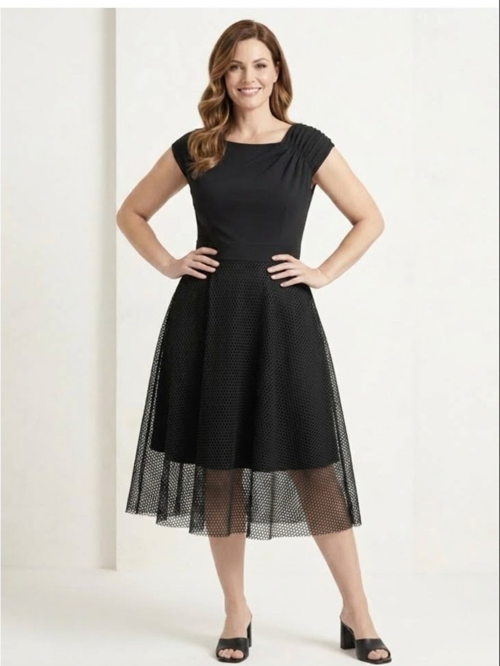 Monif C. Black Mesh Overlay Cocktail Midi Dress Womens Size 3 3X Plus Whimsigoth